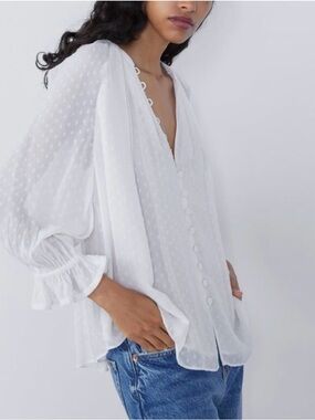 Zara White Swiss Dot V-Neck Button Blouse